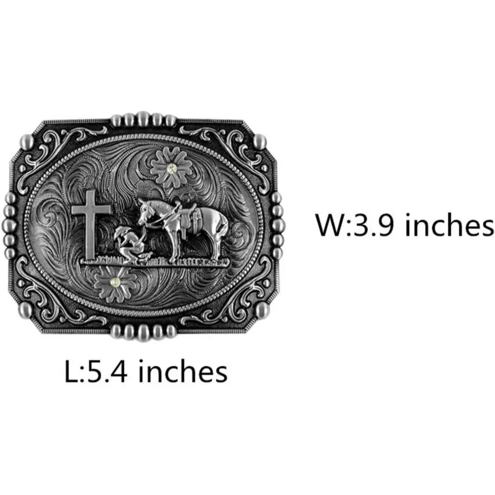 Women's Silver Religion Cross Kneeling Prayer And Horse Design Belt Buckles